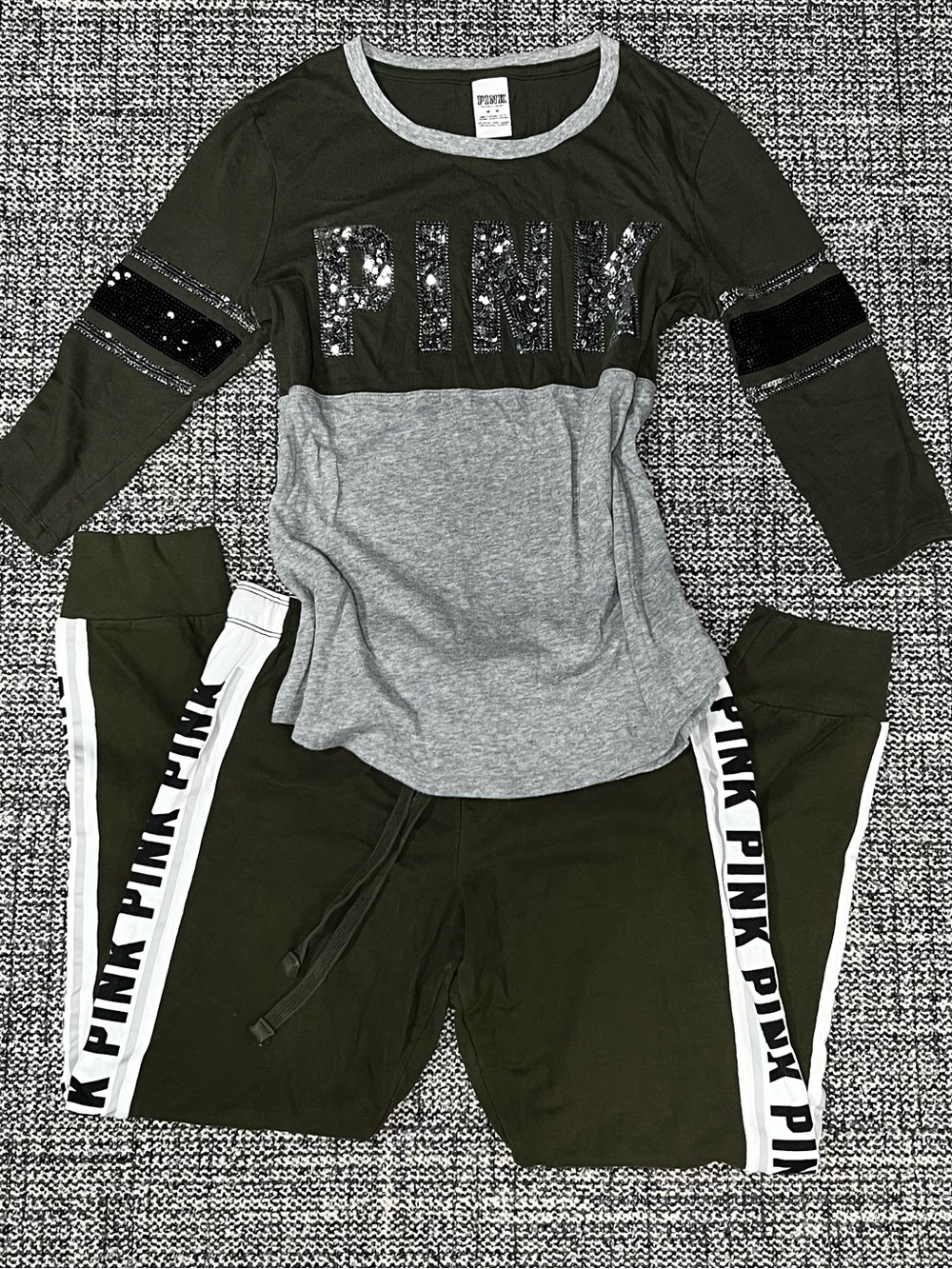 PINK Victoria's Secret Olive Green & Heather Gray Sequin Logo Set